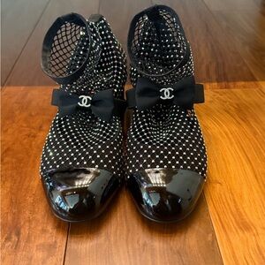 CHANEL Black and Silver Ankle Boots with Bow Detail